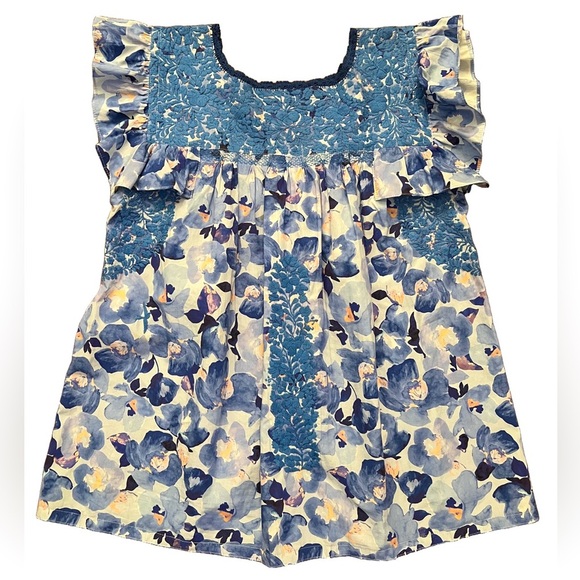 MI GOLONDRINA Soledad Blouse Blue and White Floral - Picture 1 of 7